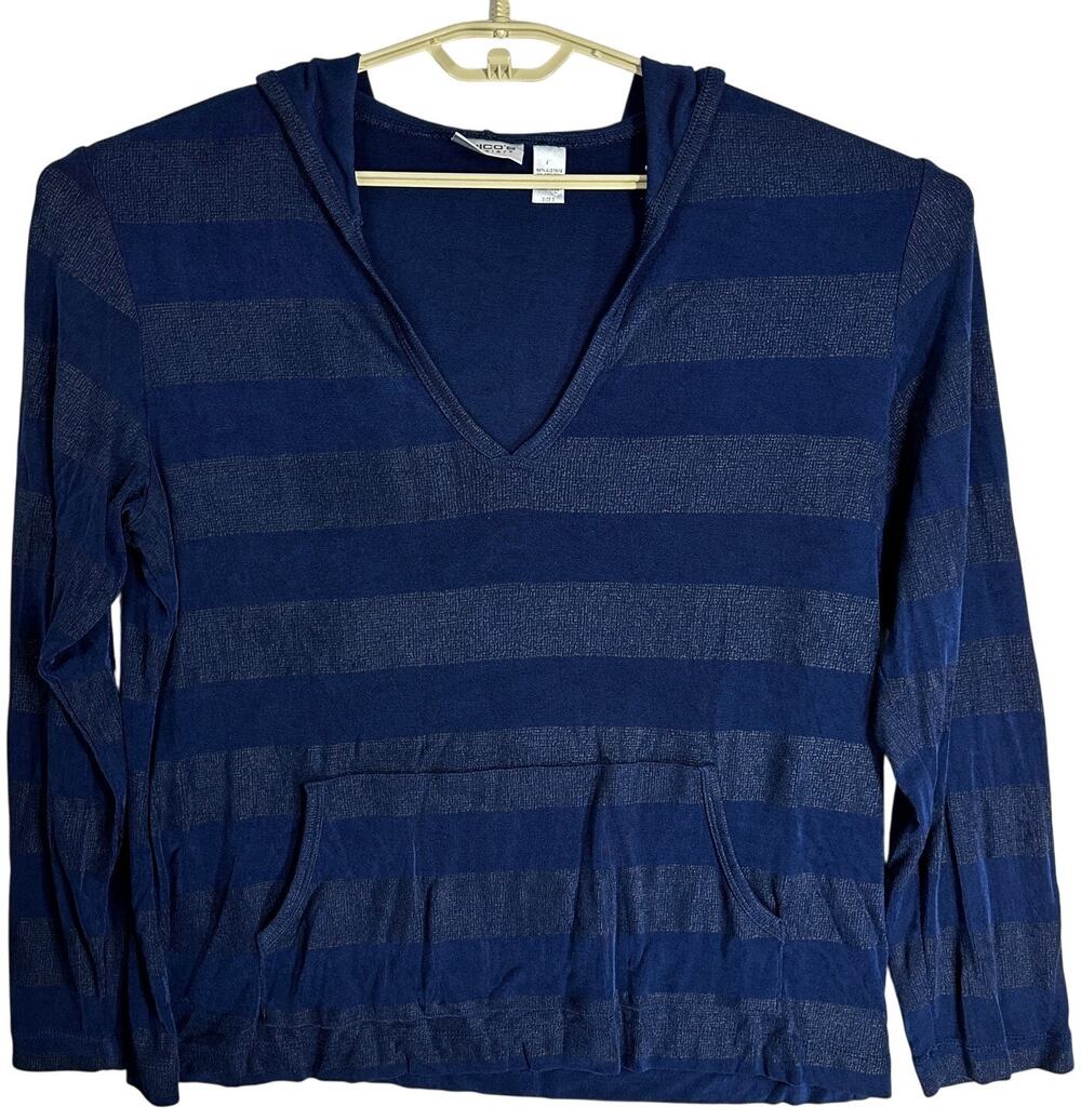 Chicos Travelers Womens Hoodie Size 3 US XL Blue Striped Casual Preppy Y2K